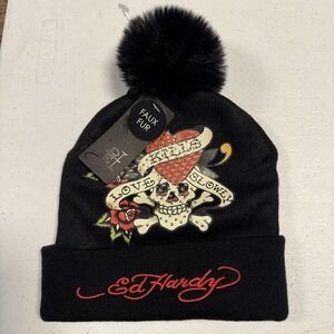 Ed Hardy Hat Beanie Womens One Size Black Faux Fur Pom Tattoo Skull Rhinestone